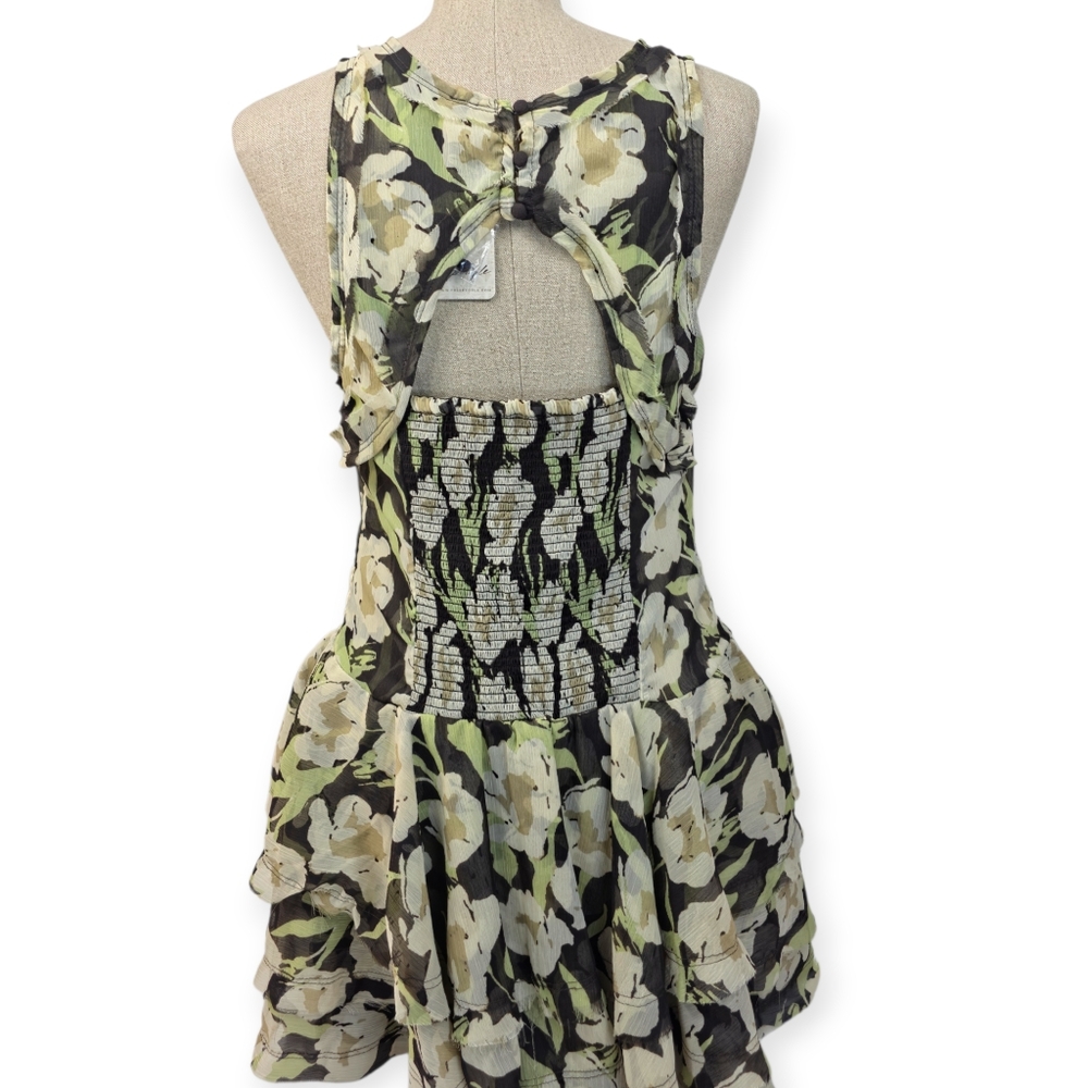 Free People Raven Printed Mini Dress Black Coffee Combo Green Floral M NWT $128 - Picture 3 of 16